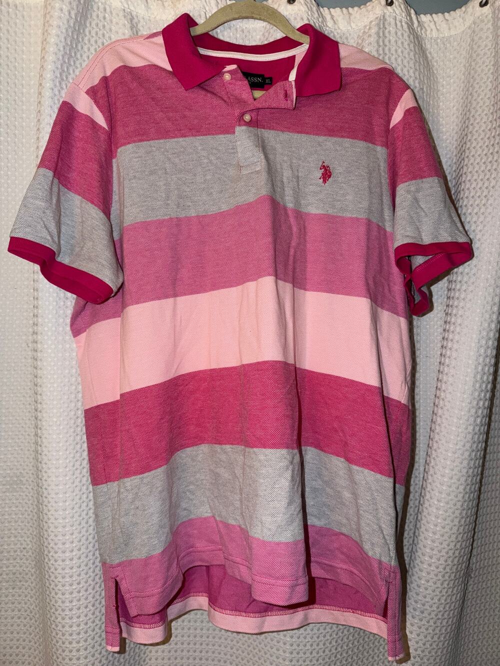 U.S. Polo Assn Mens XL Pink Gray Striped Polo Shirt Colorblock Hi Low Hem